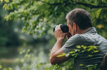 Fototapeta premium Landscape male photographer in action taking picture of nature Generative AI