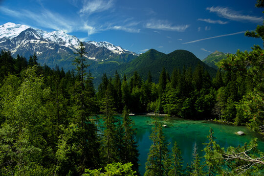 green lake in the Alps with mont blanc background.