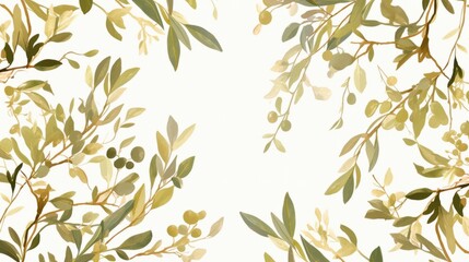 Hand Drawn Olive Branch Pattern Border,  Elegant Green and Beige Olive Tree Leaves for Kitchen or Home Decor with copy space 