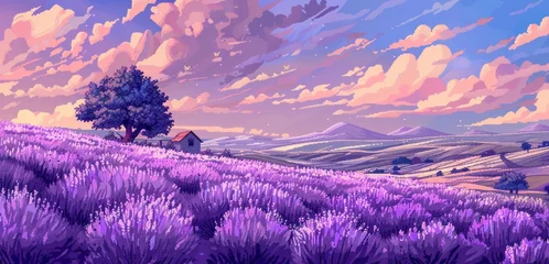 Fototapete Rund lavender hill background. 2d pixel graphic © Otseira