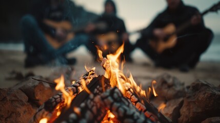 An atmospheric image of friends gathered around a lively bonfire on a sandy beach, playing guitars and enjoying the outdoor evening ambiance as the sun sets.