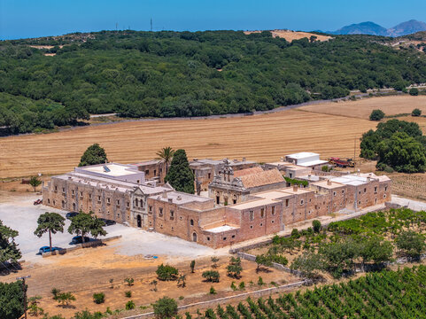 Greece - The amazing Sacred Monastery of Arkadi Rethymno Crete photographet from the air in sunny summer time