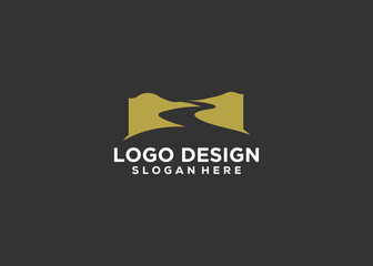 River logo with combination of mountains and farmland with vector concept design.