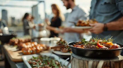 A wide array of delicious food displayed in buffet style at a rooftop party, with people in the background enjoying the vibrant atmosphere during a beautiful sunset.