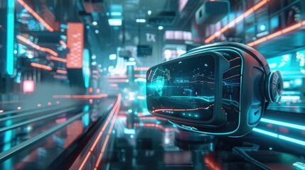 Futuristic scene with VR or AR headset glasses, showcasing the exciting possibilities of virtual gaming worlds and cyber technology