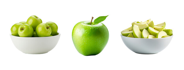 Collage set of green apple, whole, cut in slices served in a bowl. White transparent background
