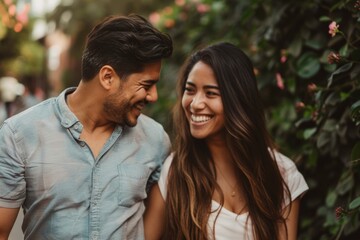 Obraz premium Portrait of a joyful latino couple in their 30s walking together