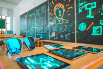 A classroom equipped with augmented reality (AR) technology. Tablets and AR glasses are placed on desks, with holographic educational content projected into the air.