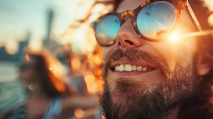 Fototapeta premium A blurred person depicted amidst urban surroundings, basking in the golden hues of a sunset on a rooftop terrace, symbolizing relaxation and solitude in a bustling city.