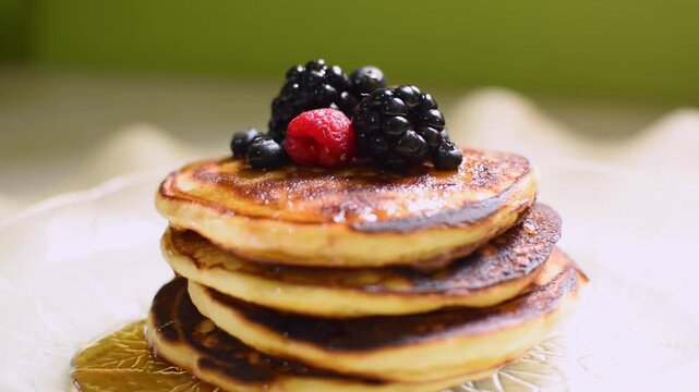 Toma a detalle de una pila de panqueques con frutos rojos y miel 
