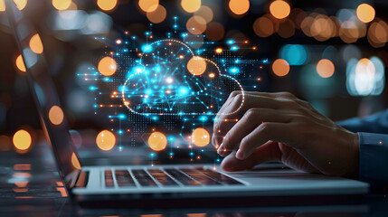 Hand showing laptop computer with cloud network Computer. Generative AI