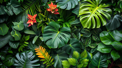 An array of exotic tropical plants with rich green foliage 