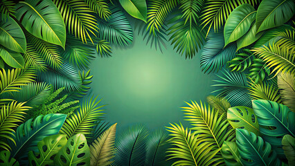 A vibrant collection of green tropical leaves surround a blank space in the center of the image