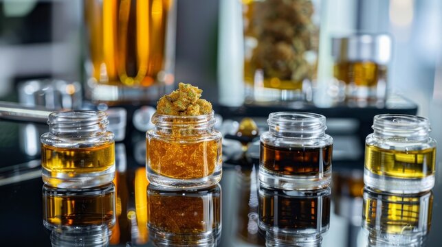 Cannabis Concentrates Up Close Macro Shot Multiple Jars Display Photographed Reflections Glossy Surface Product Marketing Display