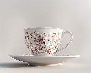 A delicate porcelain teacup with an elegant floral pattern resting on a white saucer The intricate design and fine details of the cup stand out against the minimalistic background