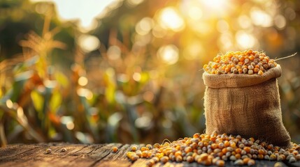 Harvested corn seeds in a jute sack on a wooden table, surrounded by a blurred corn farm background for an agricultural theme