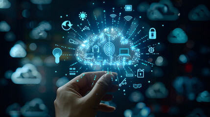 Hand touching infographic cloud computing and technology\. Generative AI
