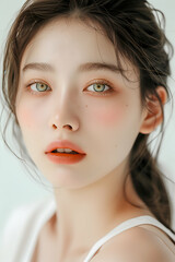 Naklejka premium Elegant Close-up Portrait of a Beautiful Woman with Natural Makeup and Clear Eyes