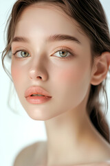 Naklejka premium Elegant Close-up Portrait of a Beautiful Woman with Natural Makeup and Clear Eyes