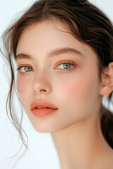 Naklejka premium Elegant Close-up Portrait of a Beautiful Woman with Natural Makeup and Clear Eyes