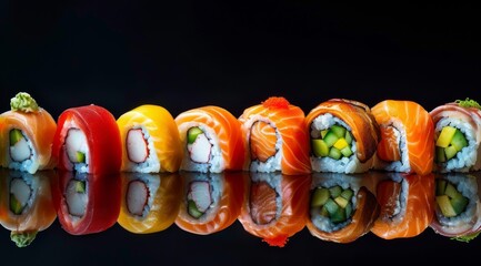 Sushi rolls in different colors arranged on a black background 