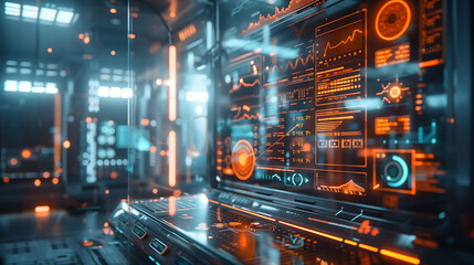 futuristic digital screen displays data charts and graphs in a glass high tech room lit with an orange glow sci-fi