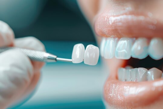 Veneers enhancing jaw aesthetics, showing thorough cleaning processes, selective focus, cosmetic dentistry, ethereal, composite, dental studio