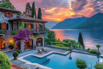Luxurious villa with pool overlooking serene sunset lake