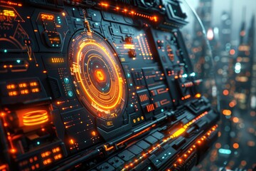 Futuristic glowing mechanism with vibrant neon lights showcasing intricate technical and industrial design elements.