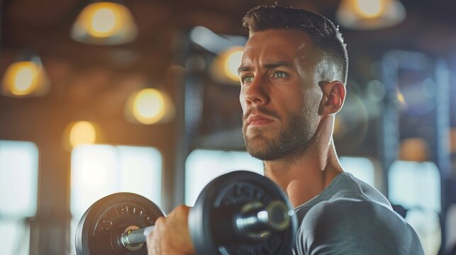 A fit man lifting weights in a well-equipped gym, focusing intensely on his workout, representing strength training and the benefits of regular exercise for physical health