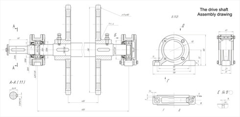 Assembly drawing of speed drive shaft.  Vector cad scheme of part of steel mechanical device with dimension lines. Engineering background. Technical template.  Cross section.
