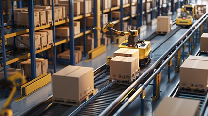 Naklejka premium A high-angle view of a sophisticated warehouse automation system with rows of cardboard boxes being moved by automated guided vehicles and conveyor belts with robotic arms sorting and stacking the