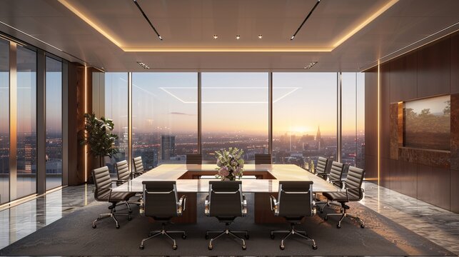 An executive boardroom with a panoramic city view, long table and high-back chairs, executives engaged in a serious discussion, highlighting leadership and high-level decision-making in a corporate - Powered by Adobe