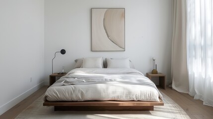 A minimalist decor bedroom with a low platform bed, crisp white linens, a single piece of abstract art on the wall, and a small nightstand with a sleek lamp, creating a serene and uncluttered