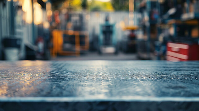 A metal blank tabletop with blurred automotive tools and parts in the background, suitable for promoting automotive products