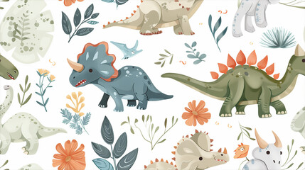 Obraz premium Seamless pattern with different types of dinosaurs with trees, floral and leaves, background useful for wallpaper, nursery, textile, wrapping paper