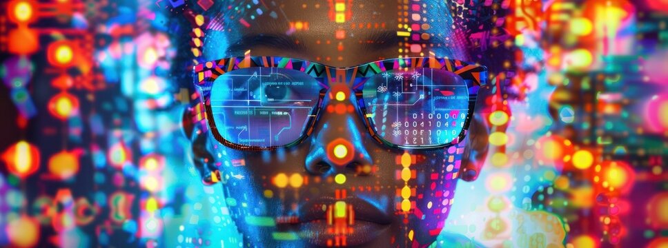 Closeup portrait of a woman wearing colorful glasses with a digital pattern reflected in the lenses