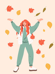 A bright smiling young woman joyfully throws up bright autumn r outdoors. A delightful celebration of seasonality. Vector illustration
