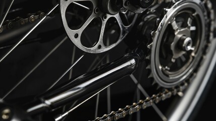 Obraz premium Close-up of bicycle chain and sprocket with shallow depth of field on dark background, showcasing intricate details and texture.
