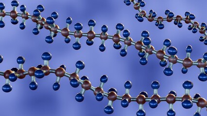 A 3D rendering of a polymer chain. The chain is made up of individual monomers, which are linked together by chemical bonds