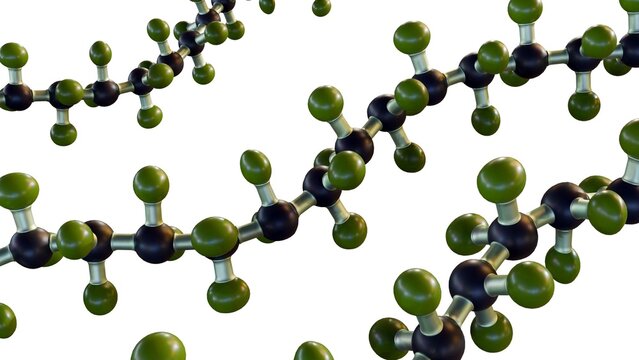A 3D rendering of a polymer chain. The chain is made up of individual monomers, which are linked together by chemical bonds