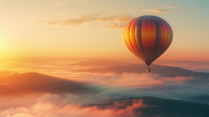 Obraz premium Hot air balloon glides through a breathtaking sunset over a misty mountain range
