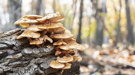 Enchanting Forest Scene Pleurotus Ostreatus Mushrooms Cluster on a Decaying Tree Trunk, Nature s Beauty Captured in a Single Frame