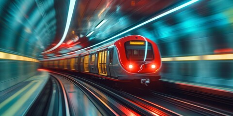 Metro train rushes through brightly lit tunnel, capturing motion blur essence of rapid urban transit in a futuristic setting, evoking sense of progress and relentless pace of urban environments