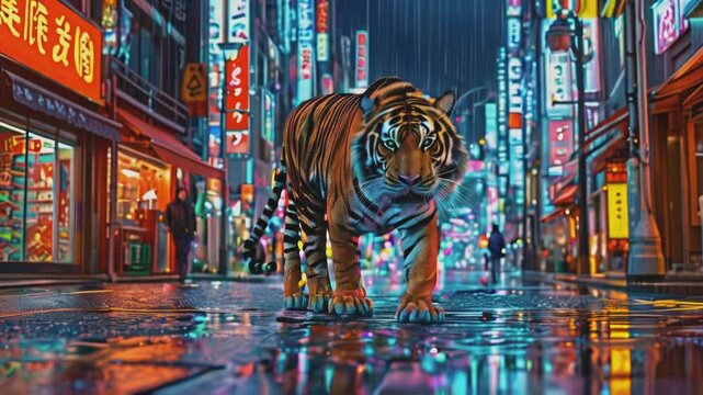 Tiger prowling through the neon-lit streets, its silhouette illuminated by colorful city lights. The wet asphalt surface adds to the urban ambiance, creating a captivating and mysterious atmosphere.