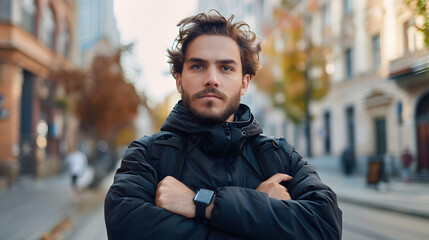 Fototapeta premium Portrait of a tired young man standing on a city street, looking at the camera and checking the result after a run on a smart watch