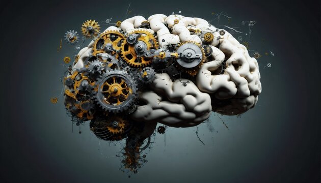 a brain with gears and cogs inside, some gears broken or falling out, dark background, highlighting mental fatigue and stress, vector art, modern style
