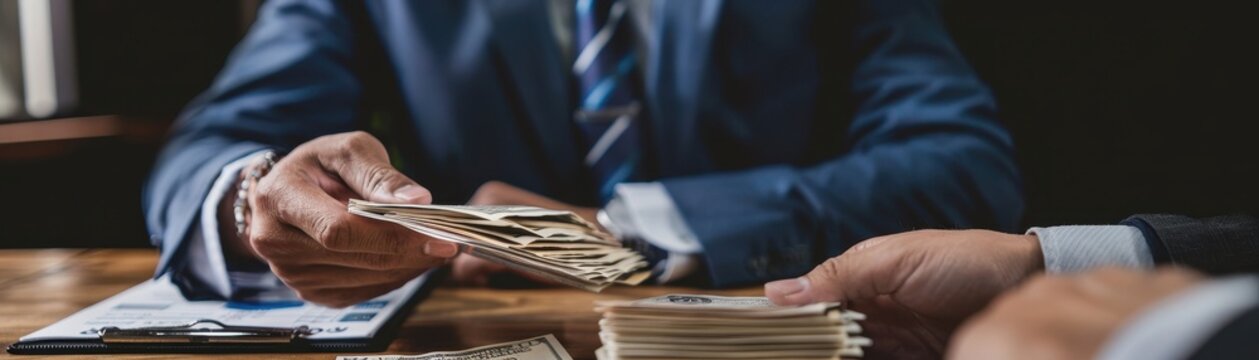 Businessman hands over cash for a business transaction, showcasing financial exchange and corporate dealings with a formal handshake.