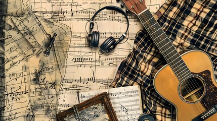 Obraz premium th Century Plaid and Music Doodle Page Print Border Design for Mock Up