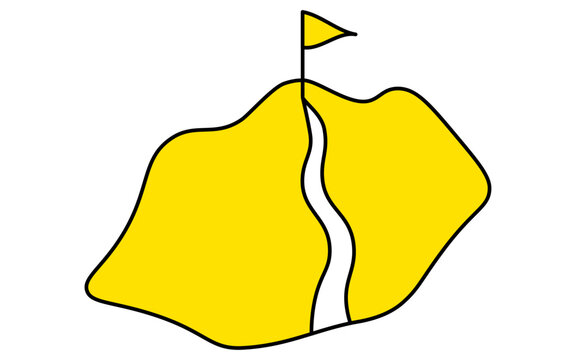 recommend clip art: ビジネスのゴールイメージ、山頂にゴールの旗が立つ山のシンプルな線画イラスト、アイソメトリック